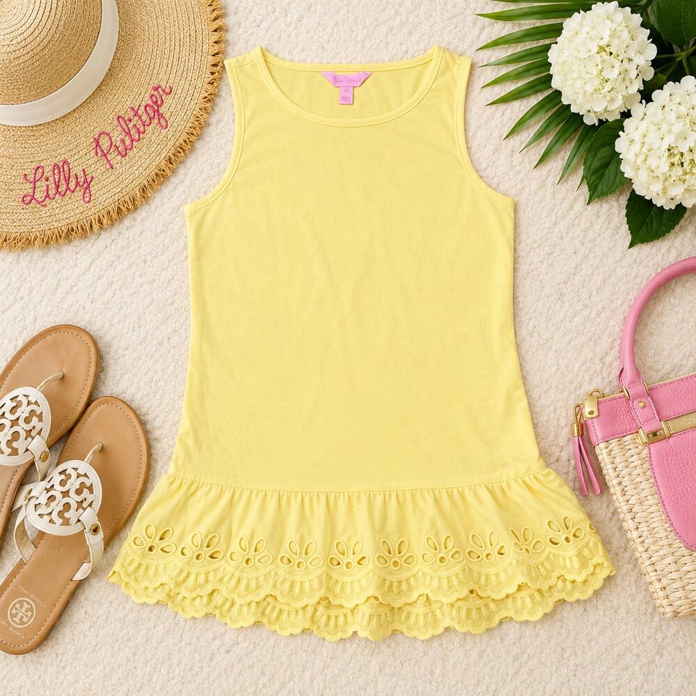 Lilly Pulitzer Yellow Eyelet Hem Tank Top XS Cotton Sleeveless